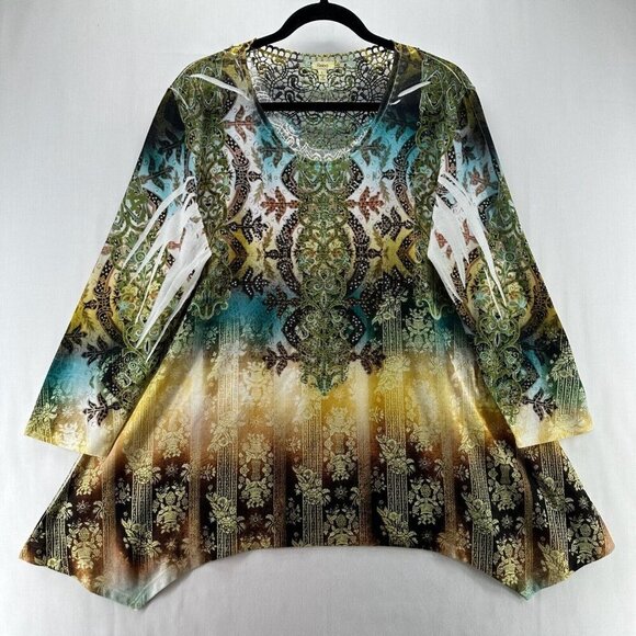 Reba Tops - Reba Tunic Womens Sz L Burnout Ombre Lace Trim Asymmetric Long Sleeve Multicolor